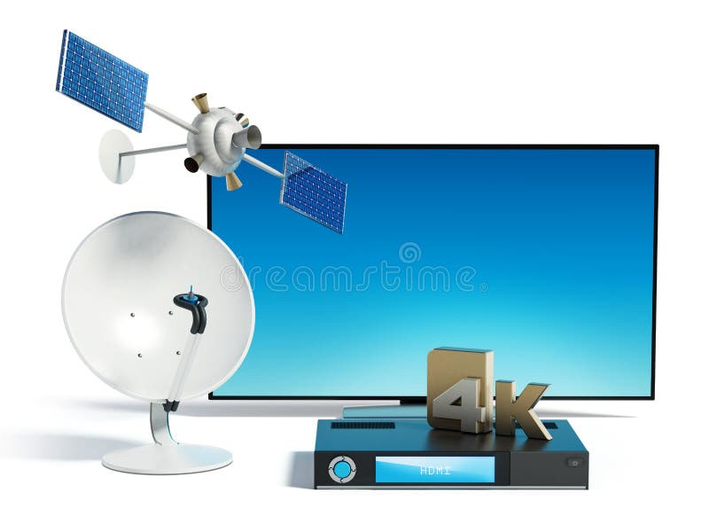 Satelita, naczynie, 4K ultra HD odbiorca i TV, ilustracja 3 d royalty ilustracja