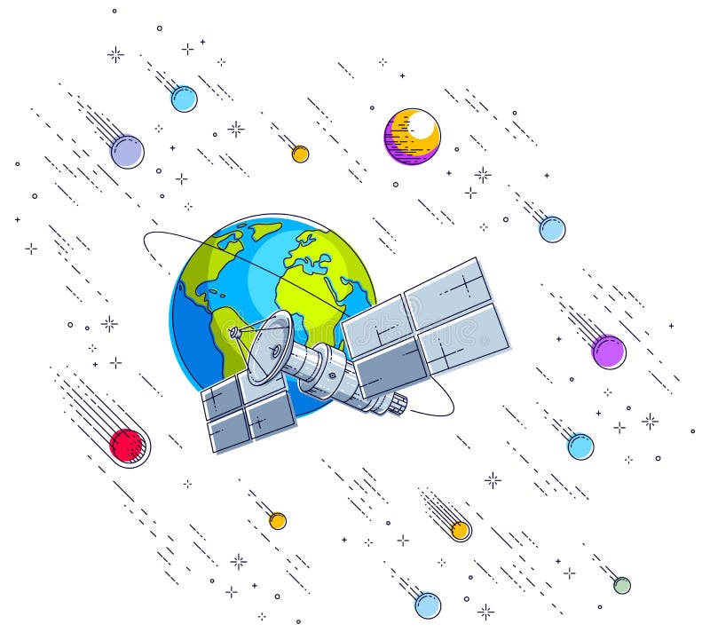 Satellite orbiting around earth, spaceflight, communication spacecraft space station with solar panels and satellite antenna plate, under meteor rain and stars. Vector. Satellite orbiting around earth, spaceflight, communication spacecraft space station with solar panels and satellite antenna plate, under meteor rain and stars. Vector.