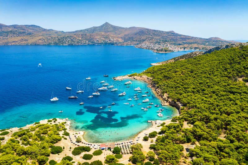 Satellietbeeld aan Moni-eiland, Saronic-Golf, Griekenland stock afbeeldingen Satellietbeeld aan Moni-eiland, Saronic-Golf, Griekenland stock afbeeldingen
