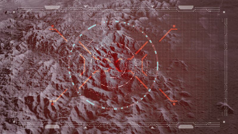 Satellit- sikt av land, krigoperationer, science fiction, nattvision med röda toner Milit?rt m?l Surrflyg ?ver ett omr?de HUD fotografering för bildbyråer Satellit- sikt av land, krigoperationer, science fiction, nattvision med röda toner Milit?rt m?l Surrflyg ?ver ett omr?de HUD fotografering för bildbyråer
