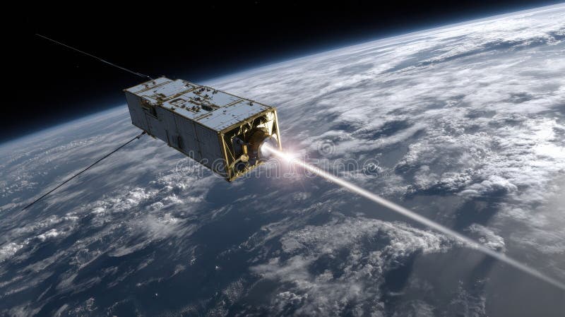 Satellite focuses laser pulses to distribute quantum keys for secure communication, demonstrating advanced technology for global data protection. Quantum keys stock images, royalty-free photos and pictures