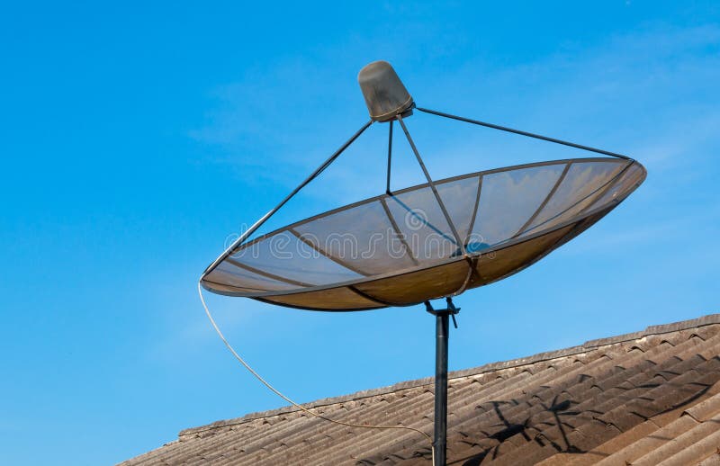 Satellite Dish on the Old Roof with the Blue Sky Background Stock Image Image of media