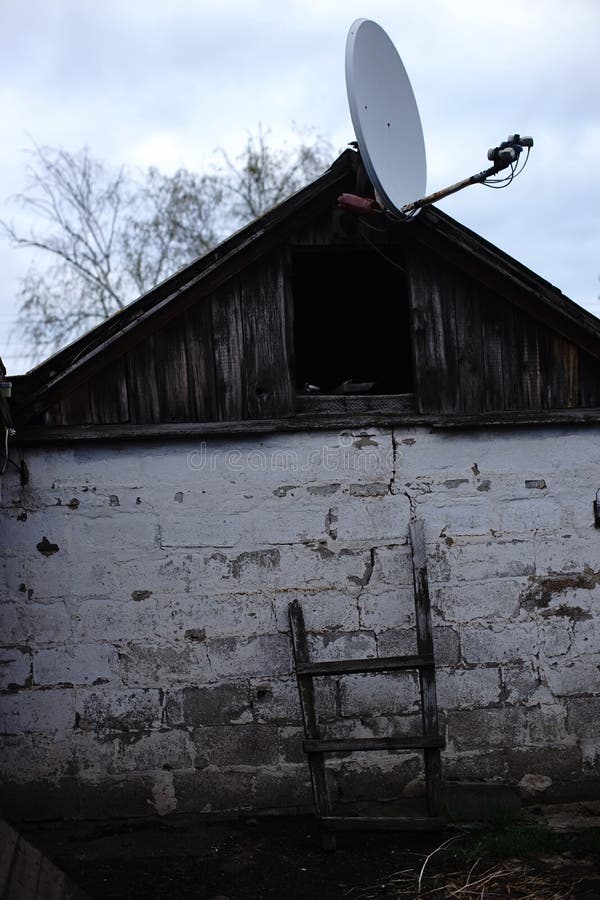 Satellite Dish on an Old Village Barn Stock Photo Image of black