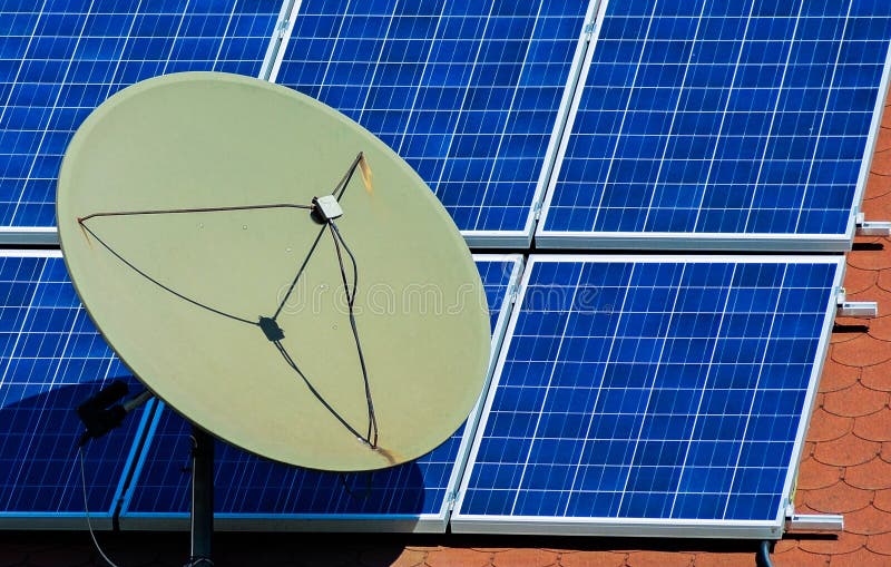 Satellite Dish and Solar Panels on the Roof Stock Photo Image of cell