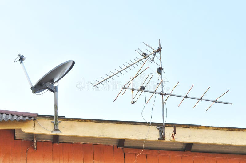 Satellite Dish And Tv Antenna At The Roof Stock Image - Image of satelite, receiver: 55125367