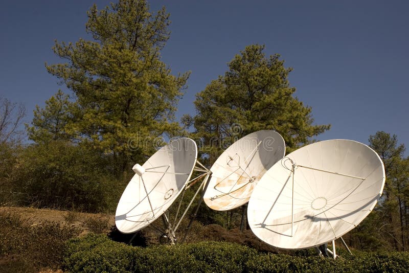 Two Satellite Dishes on White Building Stock Photo Image of satelite, trees 31801436