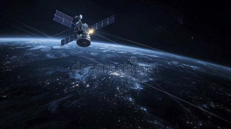 Satellite Transmitting Data Over Earth Space Digital Artwork Dark