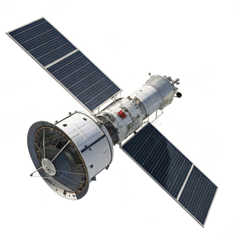 Satellite with solar panels in space isolated on white stock illustration