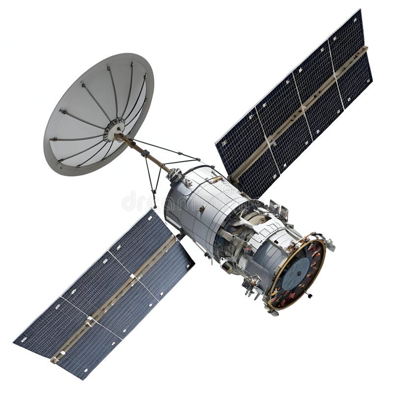 Satellite in Space with Solar Panels and Dish Antenna vector illustration