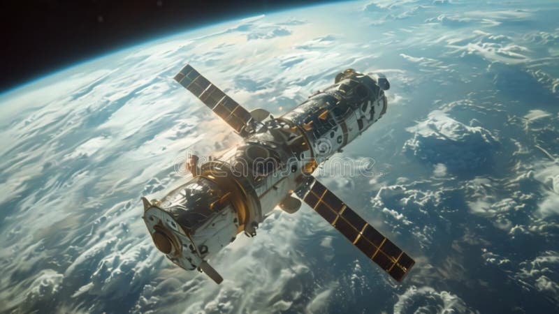 Satellite Spacecraft Orbiting Earth Above a Cloud Layer vector illustration