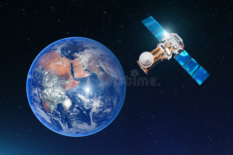 Satellite telecommunication connection, transmits radio communication on the geostationary orbit of the Earth. Against the backgro royalty free stock photos