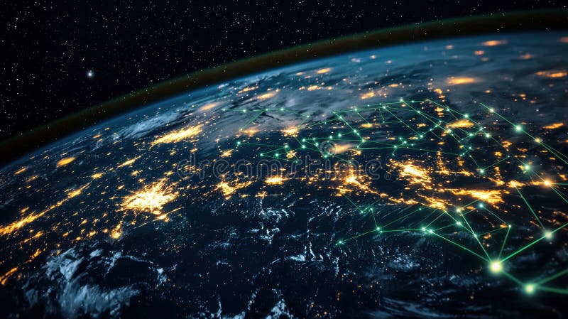 Satellite view of Earth at night shows illuminated cities and green network lines, symbolizing global connectivity and technology vector illustration