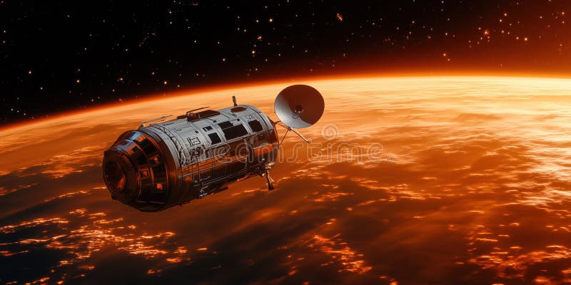 Satellitverk som ser ut som den orange planeten med dramatisk och futuristisk atmosfär stock illustrationer