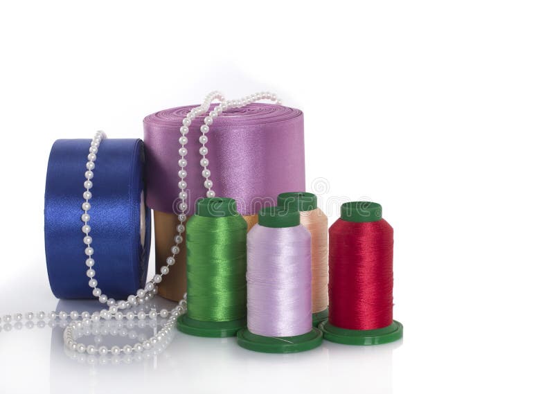 Satin Ribbons, Silk Threads, Pearls. Everything for Sewing and Needlework Stock Photo Image of