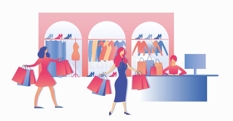 Satisfied Clients at Checkout Desk with Purchases vector illustration Satisfied Clients at Checkout Desk with Purchases vector illustration