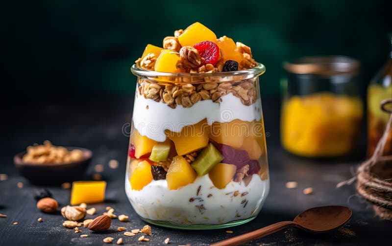 Satisfy your senses with a Greek yogurt granola mango parfait. Toned and artfully captured with selective focus, this image evokes the delicious layers of a delightful and nutritious treat. AI generated