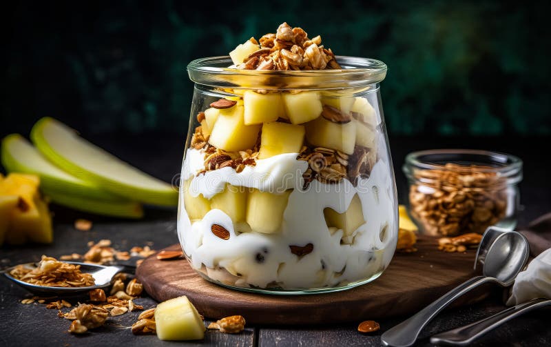 Satisfy your senses with a Greek yogurt granola mango parfait. Toned and artfully captured with selective focus, this image evokes the delicious layers of a delightful and nutritious treat. AI generated