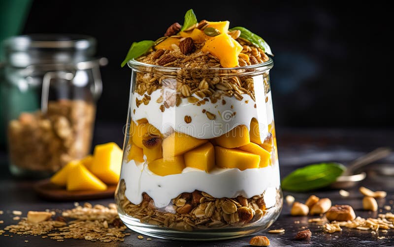 Satisfy your senses with a Greek yogurt granola mango parfait. Toned and artfully captured with selective focus, this image evokes the delicious layers of a delightful and nutritious treat. AI generated
