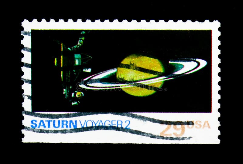 Saturn, Reiziger 2, Ruimteexploratiekwestie serie, circa 1991 royalty-vrije stock fotografie Saturn, Reiziger 2, Ruimteexploratiekwestie serie, circa 1991 royalty-vrije stock fotografie