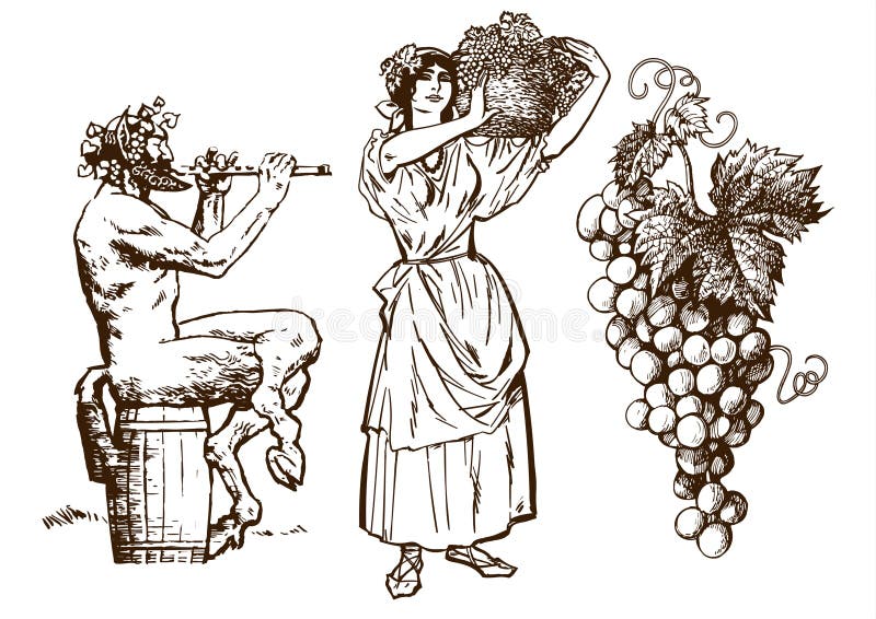 Satyr sitting on the barrel, beautiful peasant woman carrying basket and bunch of grapes. Design elements for wine list vector illustration Satyr sitting on the barrel, beautiful peasant woman carrying basket and bunch of grapes. Design elements for wine list vector illustration