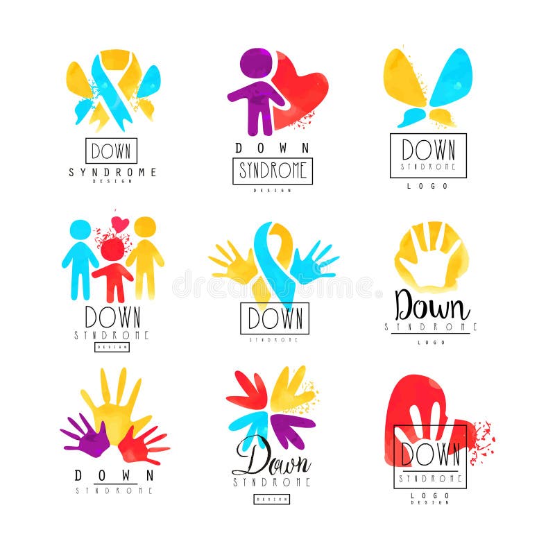 Set of abstract emblems with ribbons, humans and hands. Colorful logos for medical centers. Symbols of Down Syndrome. Design for event invitation, charitable fund or postcard for Autism Awareness Day. Set of abstract emblems with ribbons, humans and hands. Colorful logos for medical centers. Symbols of Down Syndrome. Design for event invitation, charitable fund or postcard for Autism Awareness Day.