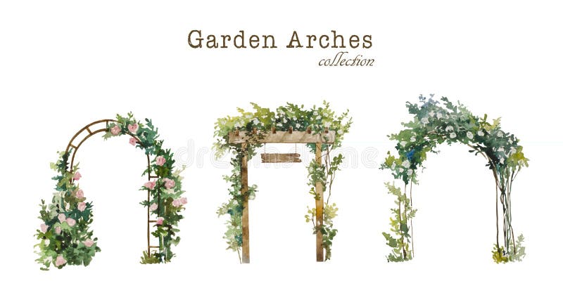 Satz Aquarellgartenbögen mit gedeihen, weiße und rosa Rosen. ursprüngliche Abbildung für Heiratsumwelt und