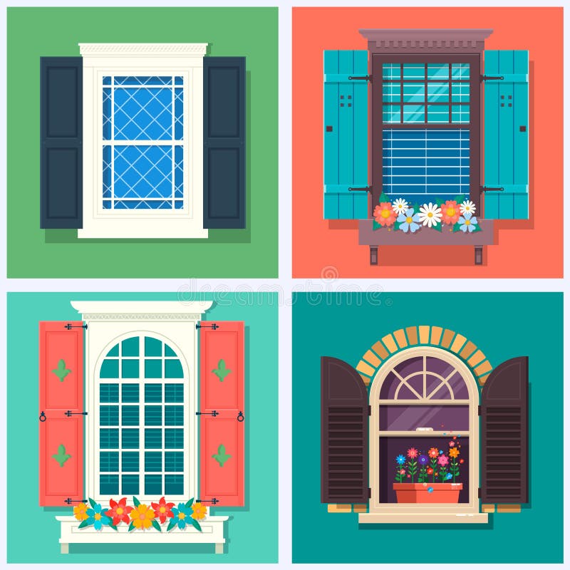 Satz ausführliche verschiedene bunte Fenster mit Fensterbrettern, Fensterläden, Vorhängen und flowerspot Vektorillustration lizenzfreie abbildung
