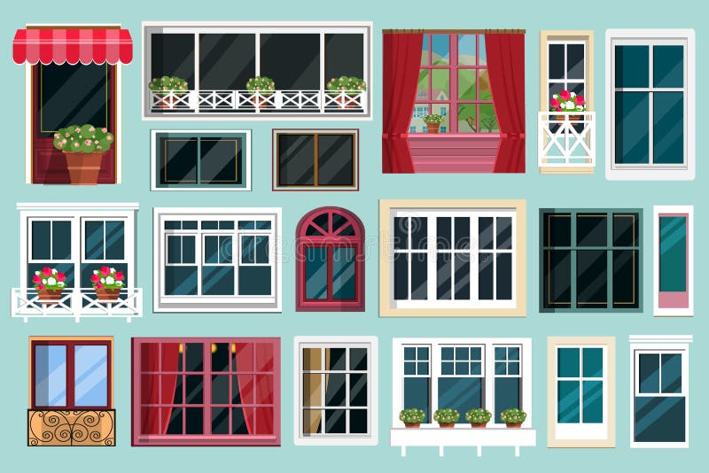 Satz ausführliche verschiedene bunte Fenster mit Fensterbrettern, Vorhänge, Blumen, Balkone Flache Art lizenzfreie abbildung