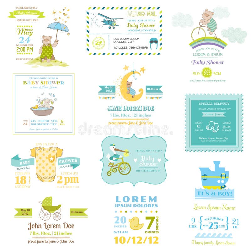 Satz Babyparty-und Ankunfts-Karten stock abbildung Satz Babyparty-und Ankunfts-Karten stock abbildung