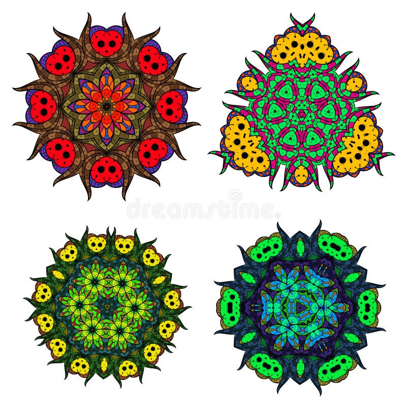 Satz Blumenmandalen/runde Verzierung der Zusammenfassung/Vektormandala stellen ein,/Mandaladesign stock abbildung Satz Blumenmandalen/runde Verzierung der Zusammenfassung/Vektormandala stellen ein,/Mandaladesign stock abbildung
