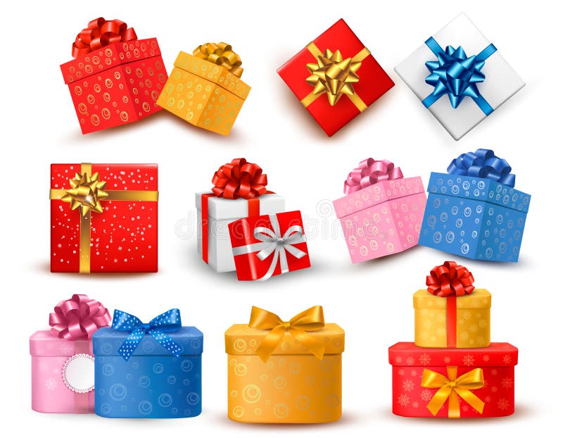 Satz bunte Geschenkboxen mit Bögen und Bändern. vektor abbildung
