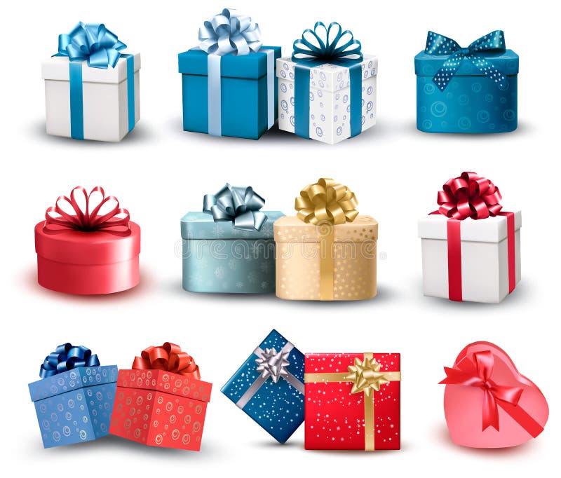 Satz bunte Geschenkboxen mit Bögen und Bändern. vektor abbildung