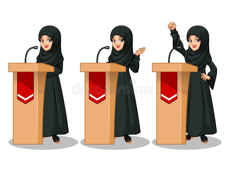 Satz der arabischen Geschäftsfrau im schwarzen Kleid, das eine Rede hinter Podium gibt vektor abbildung