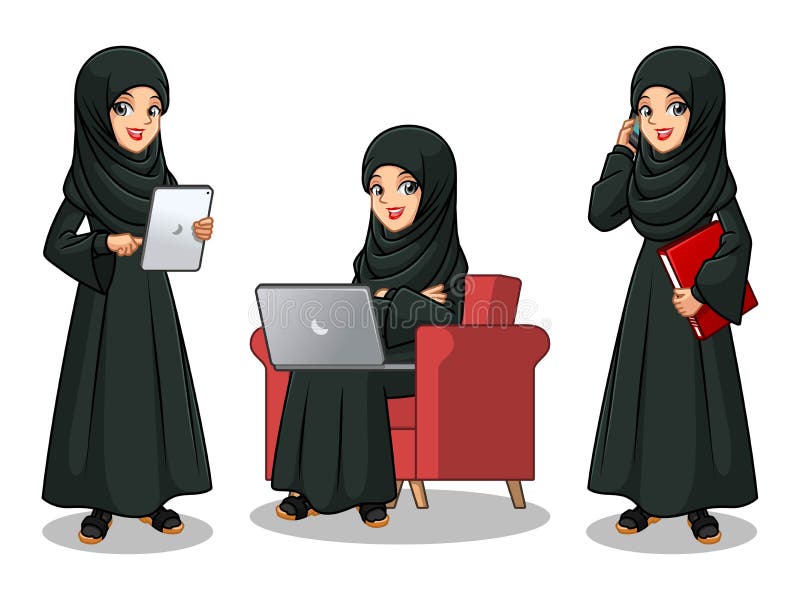 Satz der arabischen Geschäftsfrau im schwarzen Kleid, das an Geräten arbeitet stock abbildung