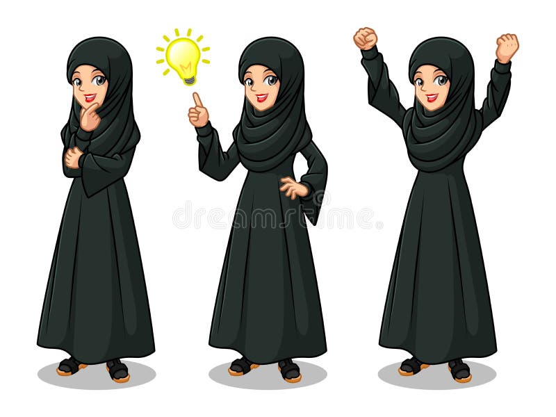 Satz der arabischen Geschäftsfrau im schwarzen Kleid, das Ideen erhält, gestikulieren stock abbildung