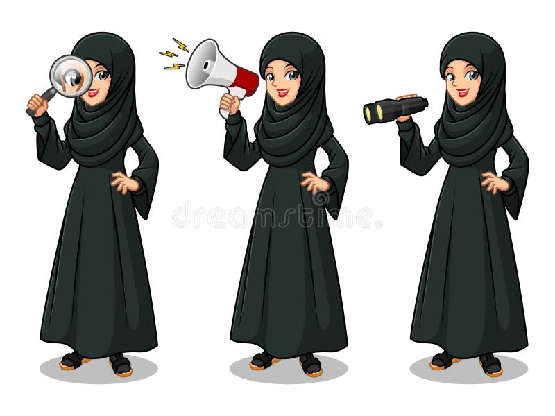 Satz der arabischen Geschäftsfrau im schwarzen Kleid, das nach Haltungen sucht stock abbildung