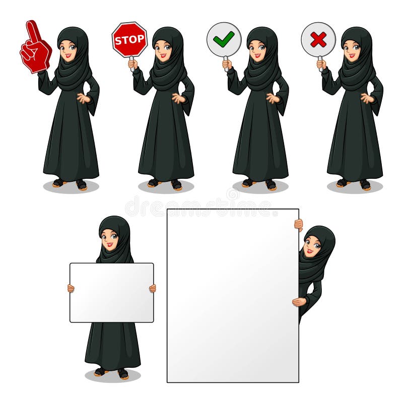 Satz der arabischen Geschäftsfrau im schwarzen Kleid, das Zeichenbrett hält stock abbildung