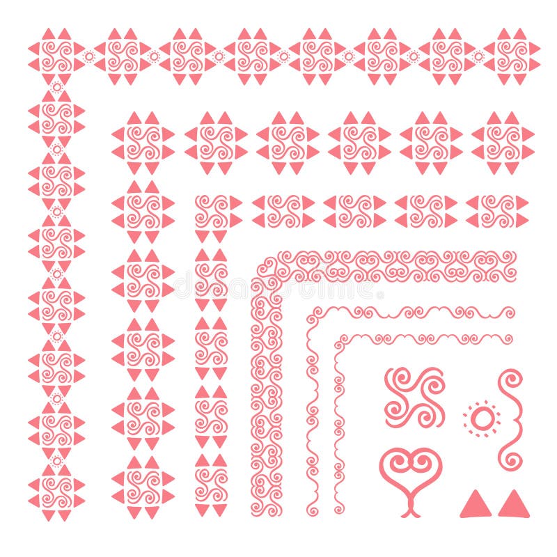 Satz der dekorativen nahtlosen dekorativen Grenze mit Ecke Unterschiedliche Verzierungselemente Rosa lizenzfreie abbildung Satz der dekorativen nahtlosen dekorativen Grenze mit Ecke Unterschiedliche Verzierungselemente Rosa lizenzfreie abbildung