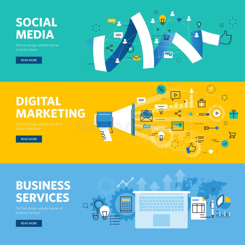 Satz der flachen Linie Designnetzfahnen für Social Media, Internet-Marketing, Vernetzung und Dienstleistungen lizenzfreie abbildung Satz der flachen Linie Designnetzfahnen für Social Media, Internet-Marketing, Vernetzung und Dienstleistungen lizenzfreie abbildung