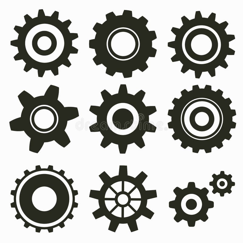 Zahnräder gesetzt. Zahnräder aus Metall. Symbolsatz für die  Zahnradeinstellung. Symbole für Maschinengetriebe. Industrielle Ikonen.  Vektor-Illustration 17667642 Vektor Kunst bei Vecteezy