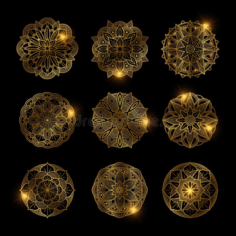 Satz der glänzenden goldenen Blumenmandala stock abbildung Satz der glänzenden goldenen Blumenmandala stock abbildung