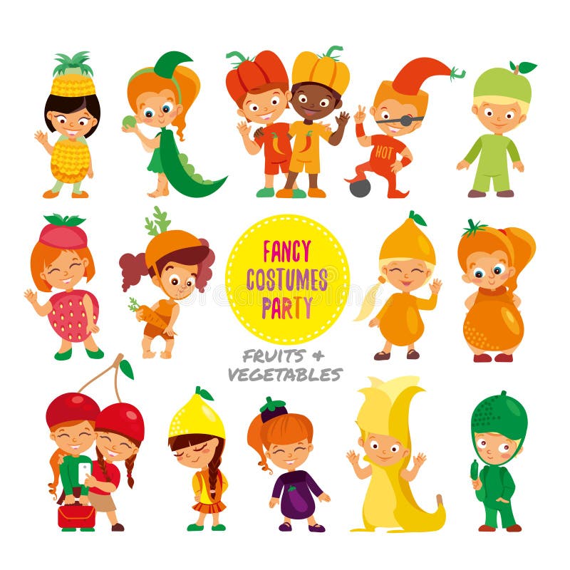 Big set of cute cartoon kids,boys and girls in fruits and vegetables fancy costumes. Vector icon set isolated on white background. Big set of cute cartoon kids,boys and girls in fruits and vegetables fancy costumes. Vector icon set isolated on white background