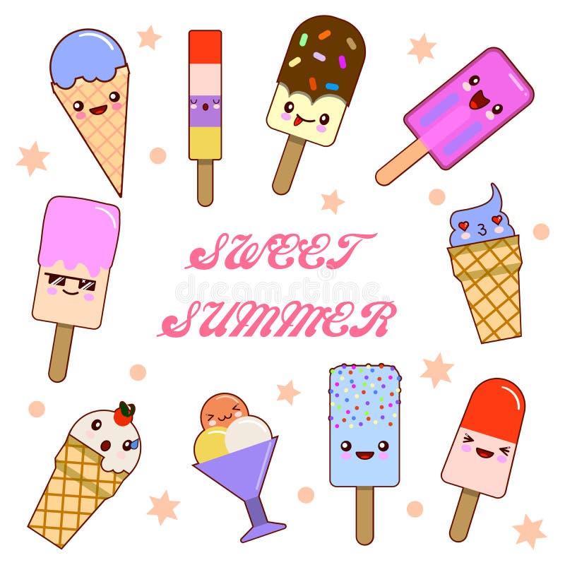 Satz der Vektorillustration von lustigem der Karikatur Eiscreme mit glücklichen lächelnden Gesichtern für Kinderdesigne und -deko vektor abbildung Satz der Vektorillustration von lustigem der Karikatur Eiscreme mit glücklichen lächelnden Gesichtern für Kinderdesigne und -deko vektor abbildung