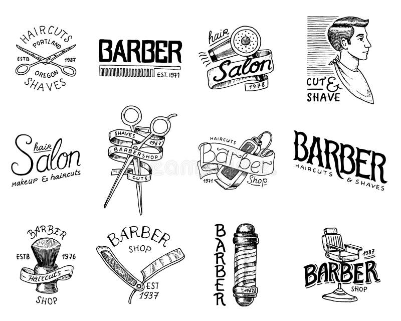 Satz des Friseursalonausweises und -aufklebers, Logo- und Hippie-Embleme Werkzeuge für Mannikone Haarschnitt des Bartes und des S stock abbildung Satz des Friseursalonausweises und -aufklebers, Logo- und Hippie-Embleme Werkzeuge für Mannikone Haarschnitt des Bartes und des S stock abbildung