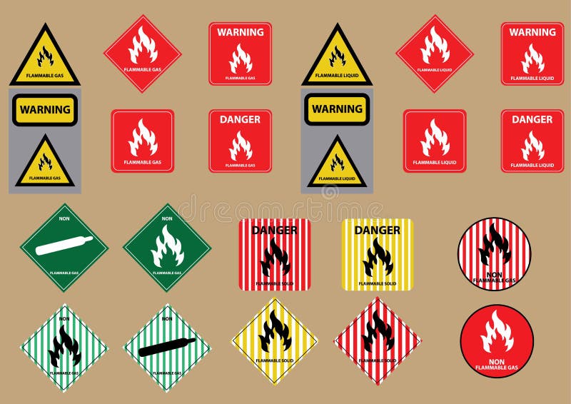 Set of flammable liquid gas solid fuel sign vector illustration. Set of flammable liquid gas solid fuel sign vector illustration