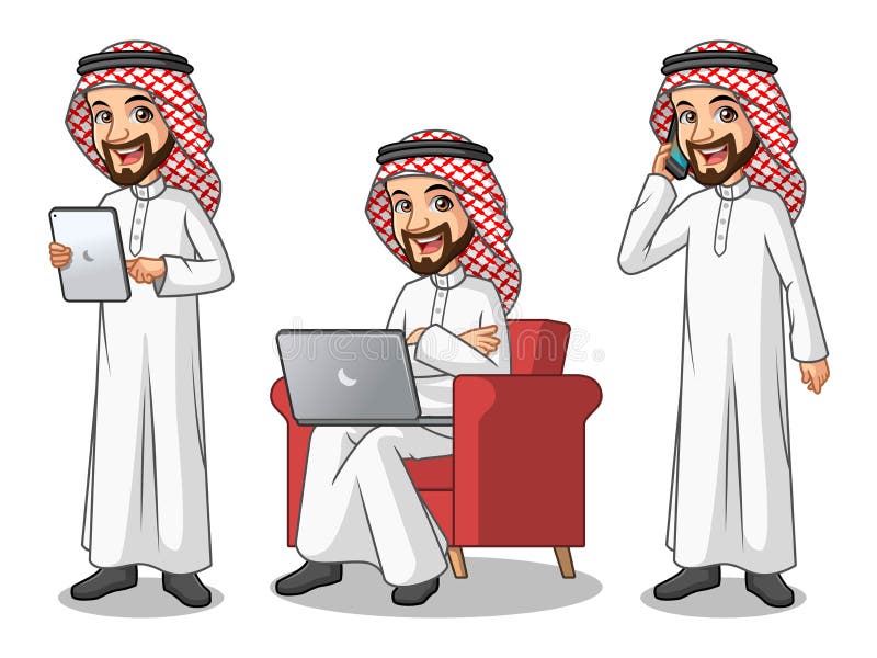 Satz des Geschäftsmannes Saudi Arab Man arbeitend an Geräten