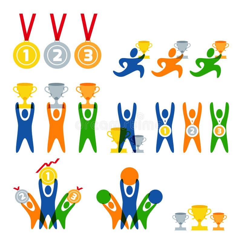 Satz des menschlichen Sportlogos des Vektors, Aufkleber, Ausweise, Embleme Leute- und Sportwettbewerbsikonen Sieger mit Preisen lizenzfreie abbildung Satz des menschlichen Sportlogos des Vektors, Aufkleber, Ausweise, Embleme Leute- und Sportwettbewerbsikonen Sieger mit Preisen lizenzfreie abbildung