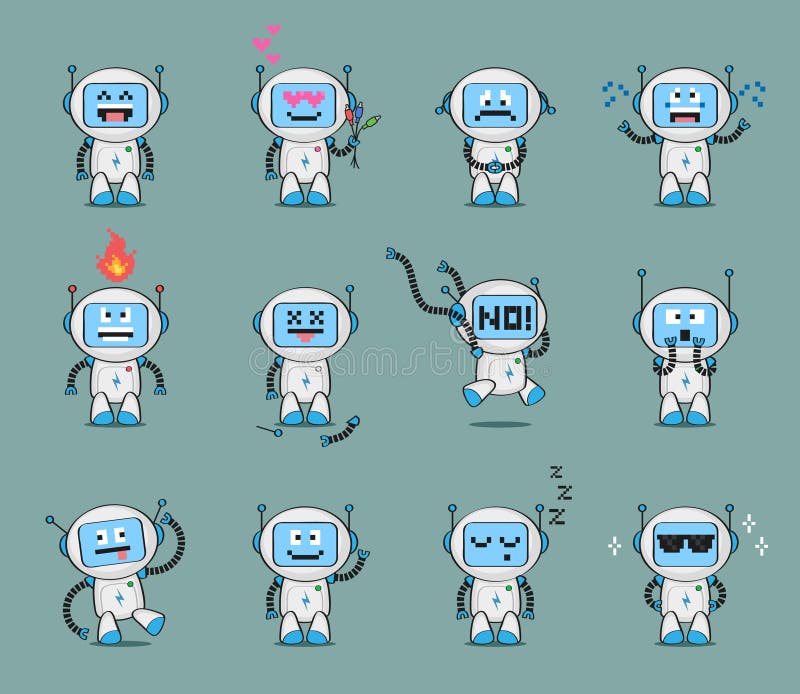 Satz des netten Robotercharakters in den verschiedenen Haltungen und mit verschiedenen Gefühlen vektor abbildung