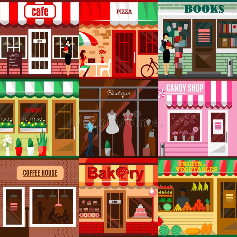 Set of flat shop building facades icons. Vector illustration for local market store house design. Street cafe, small business retail, pizza candy front kiosk, baby boutique fruit food mall concept app. Set of flat shop building facades icons. Vector illustration for local market store house design. Street cafe, small business retail, pizza candy front kiosk, baby boutique fruit food mall concept app