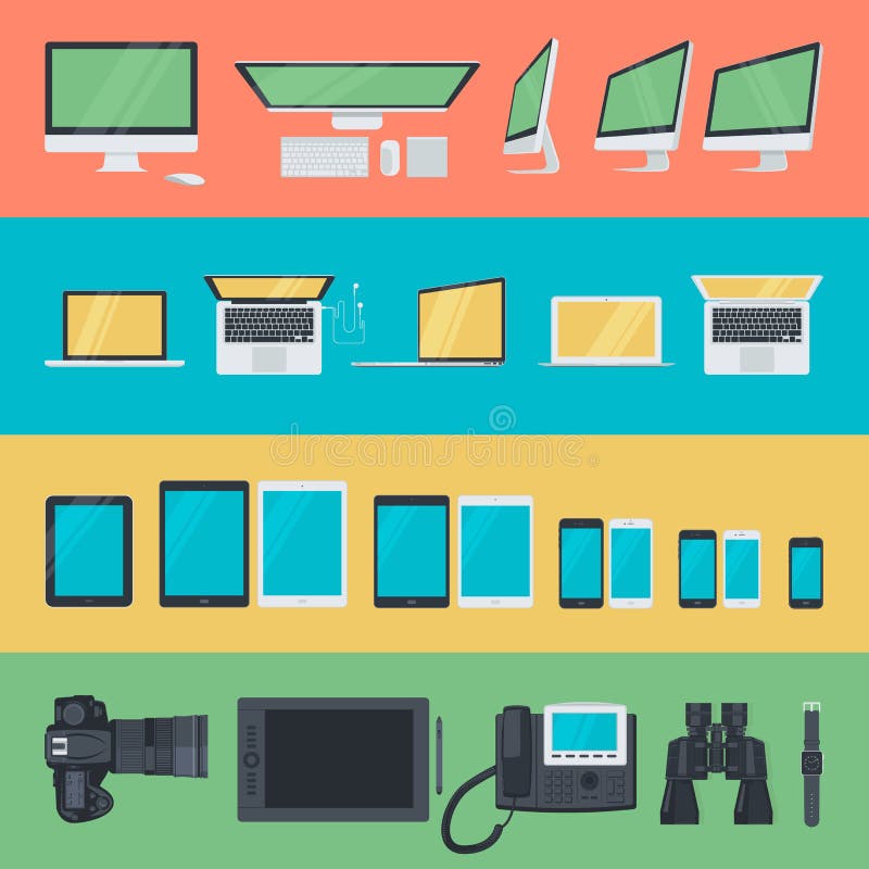 Set of flat design icons of electronic devices. Icons for computer, laptop, tablet, mobile phone, telephone, camera, graphic table, video phone, binoculars and smartwatch. The set can be used for website design, print templates, presentation templates, promotional materials, infographics, web and mobile phone services and app. Set of flat design icons of electronic devices. Icons for computer, laptop, tablet, mobile phone, telephone, camera, graphic table, video phone, binoculars and smartwatch. The set can be used for website design, print templates, presentation templates, promotional materials, infographics, web and mobile phone services and app.